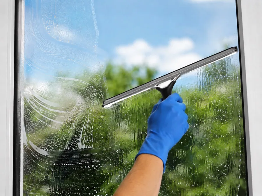 Professional window cleaning with a squeegee