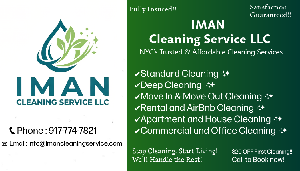 Iman Cleaning Service LLC flyer with logo, services, and contact details