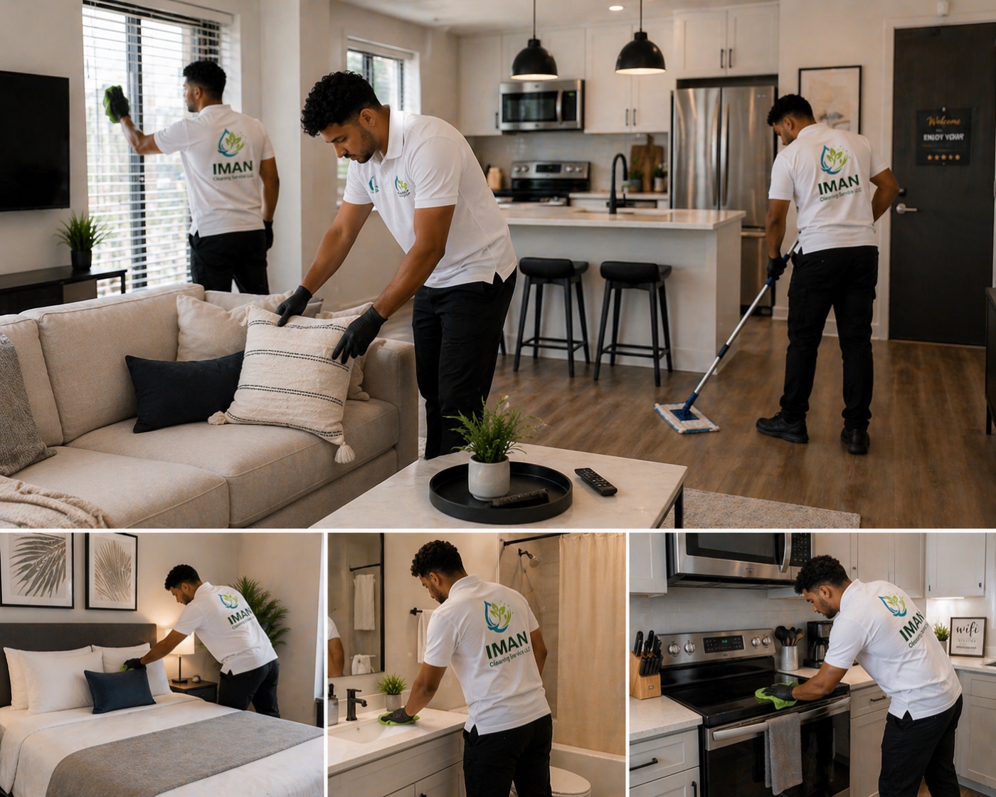 Iman Cleaning Service LLC team preparing an Airbnb rental for guests