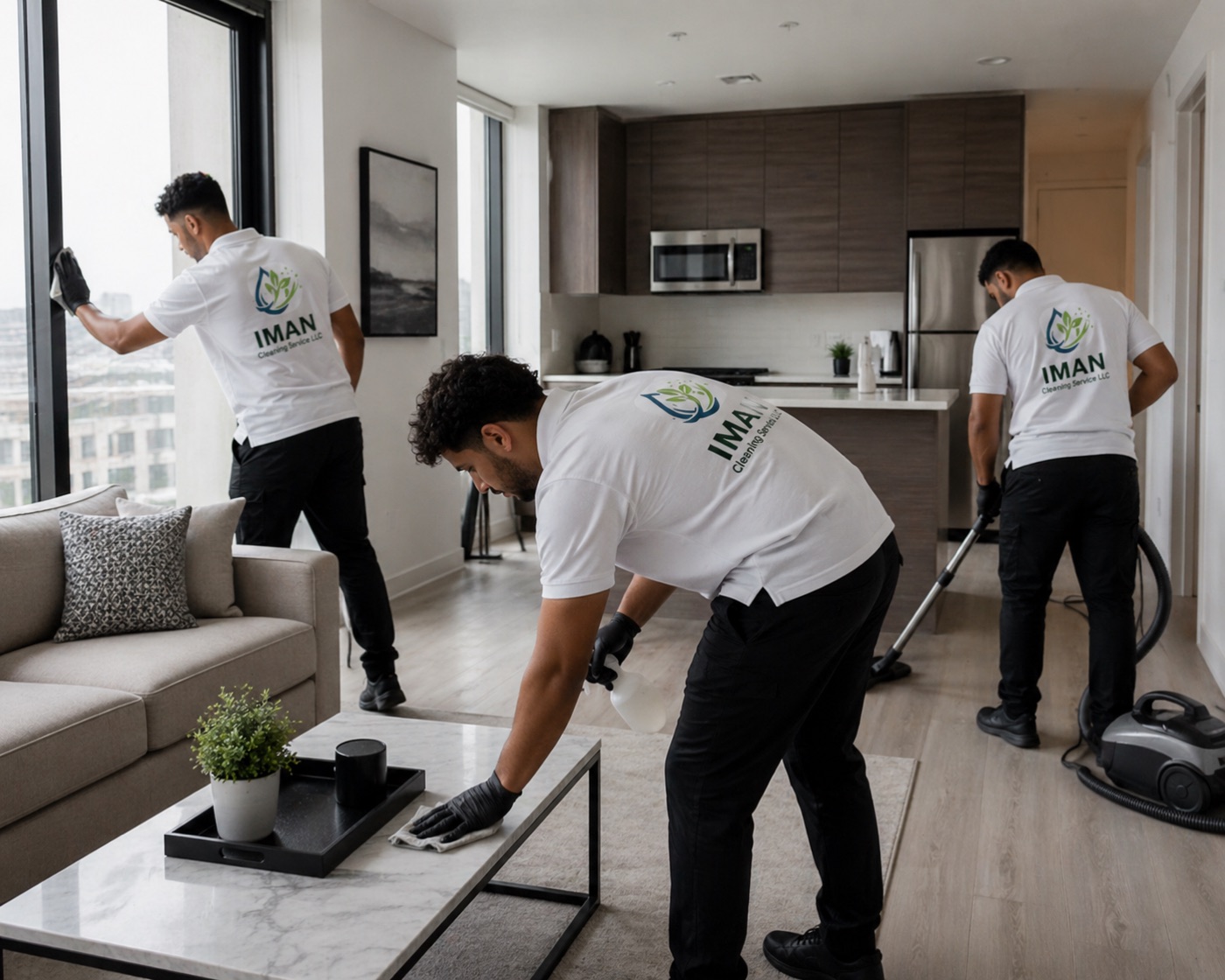 Iman Cleaning Service LLC team deep cleaning a modern apartment