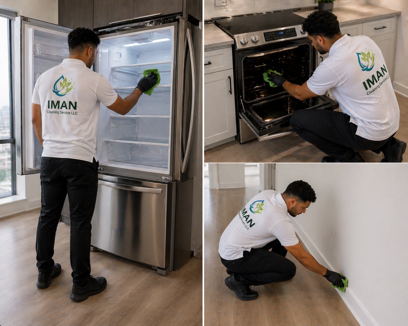 Iman Cleaning Service LLC team cleaning appliances and baseboards for move-in and move-out cleaning