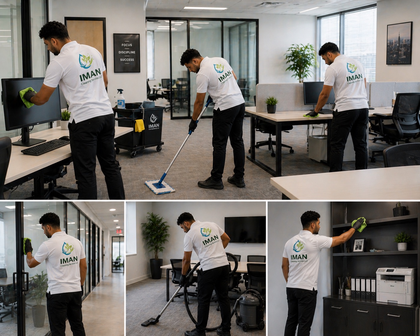 Iman Cleaning Service LLC team cleaning desks, glass, and floors in an office