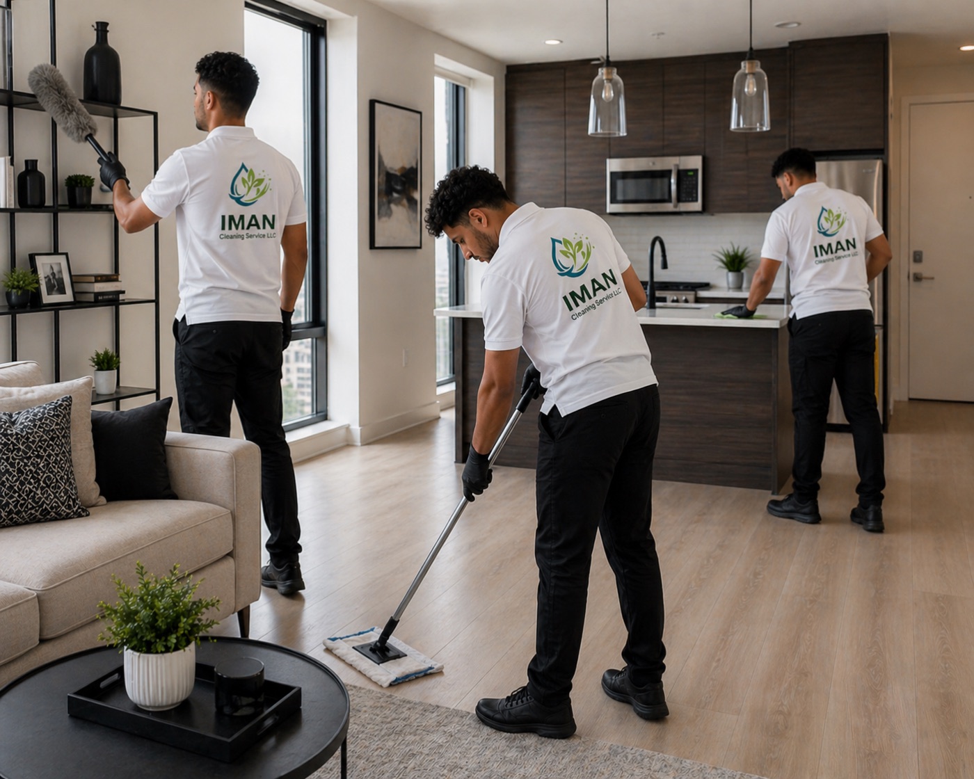 Iman Cleaning Service LLC team performing standard cleaning in a modern apartment